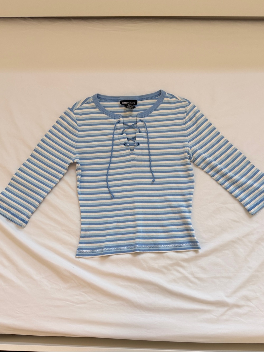 Blue & White Striped Lace-Up Women's Top